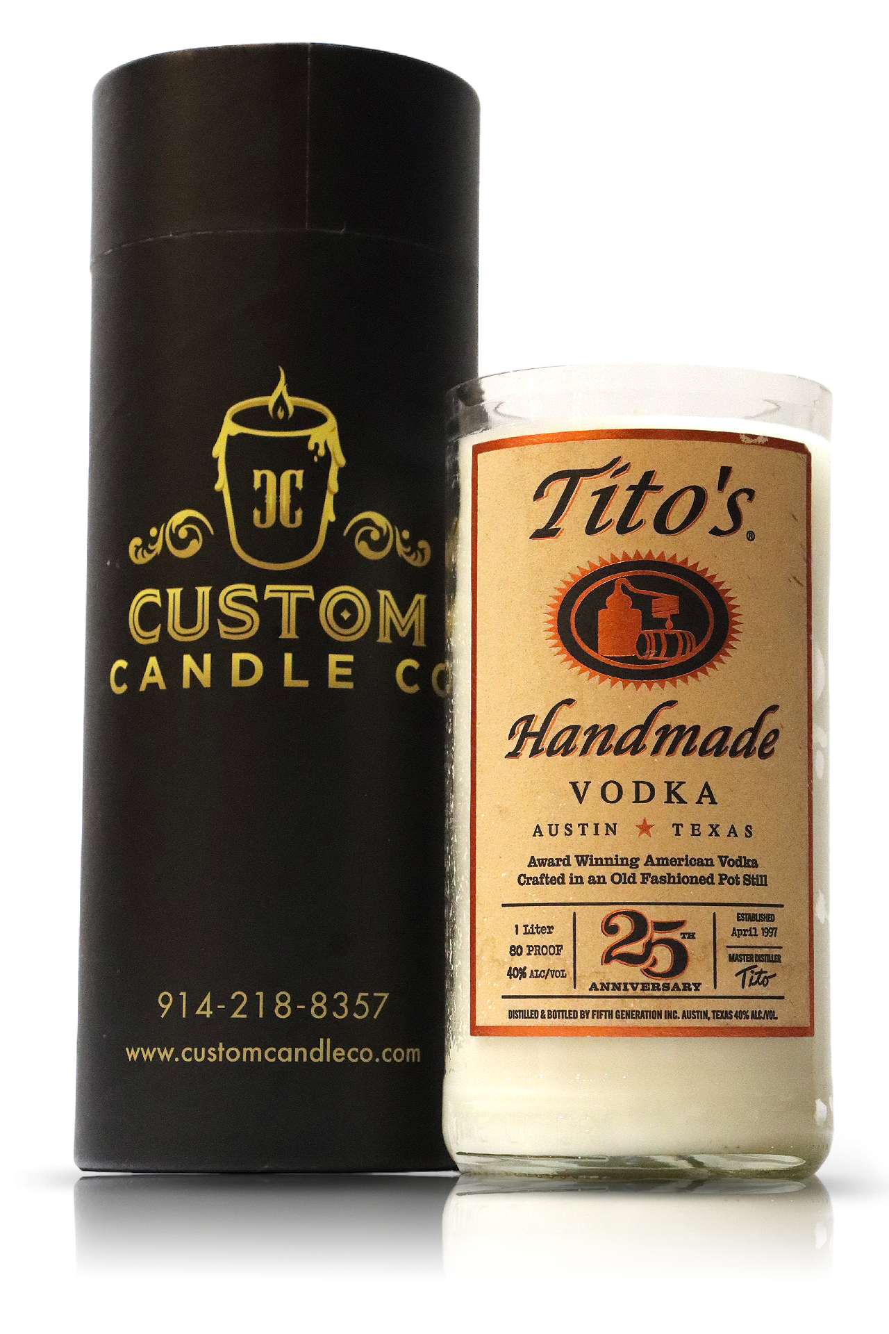 Tito's handcrafted recycled flat cut vodka empty bottle candle, made from recycled materials.