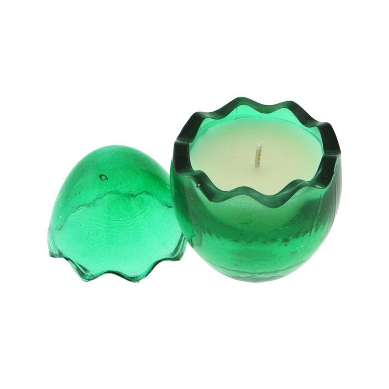 A Green Glass Easter Egg with a white candle inside.