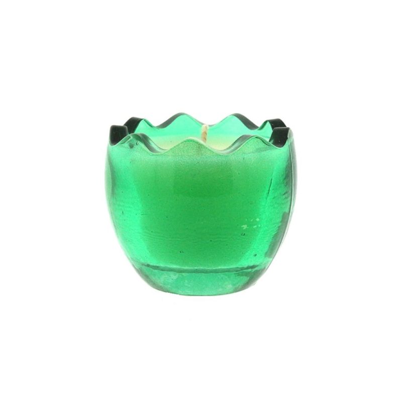 A Green Glass Easter Egg on a white background, with Yote Wax.