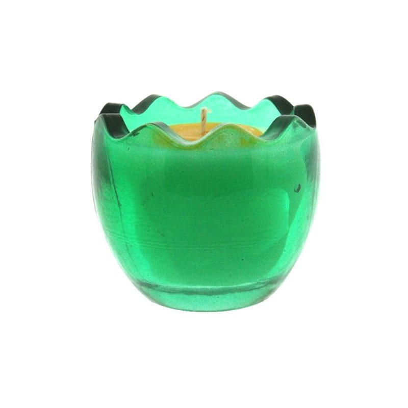 A Green Glass Easter Egg candle holder w/ white wax and yellow wax for the Yolk.