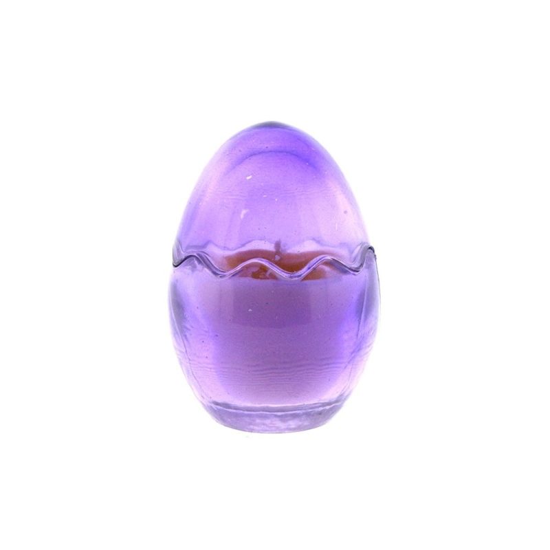 A Purple Glass Easter Egg w/ Yolk candle on a white background.