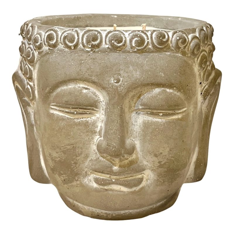 A Pottery Buddha Head, 3 wick, Sage Scented on a white background.