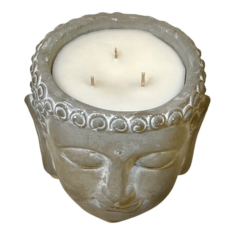 A Pottery Buddha Head, 3 wick, Sage Scented candle on a white background. The top of the candle is the focus.