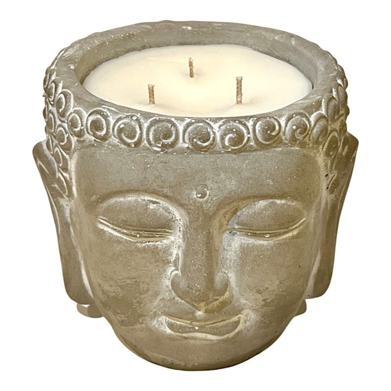 A Pottery Buddha Head, 3 wick, Sage Scented candle on a white background.