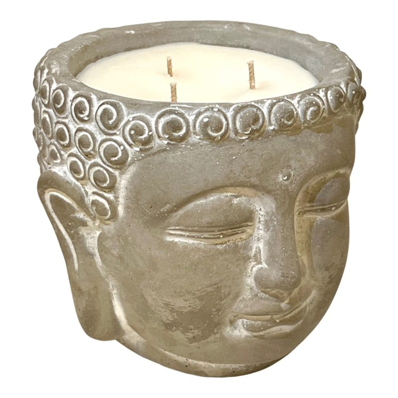 A Pottery Buddha Head, 3 wick, Sage Scented candle on a white background with a side view.