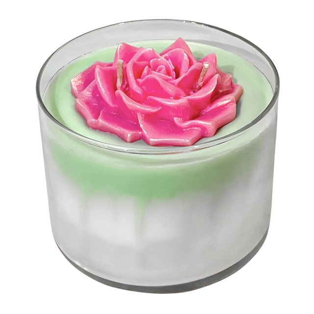 A Green Tie - Dye candle with Pink Flower - Floral Scented.