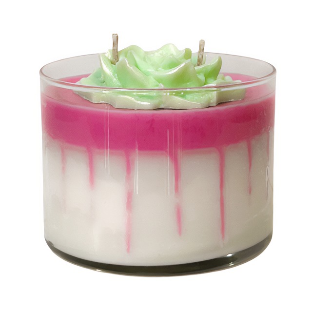 A Green Tie-Dye candle with Pink Flower - Floral Scented in a glass container.