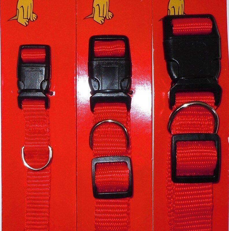 A Nickel-Plated Adjustable Red dog collar with a black buckle.
