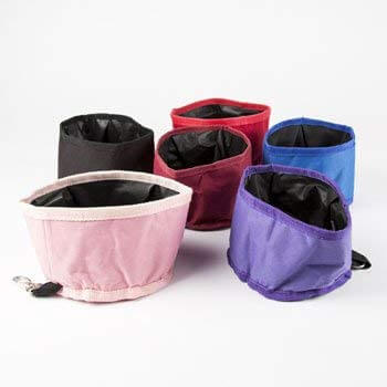 A group of Foldable Pet Travel Bowls in six colors - pink, brown, red, blue, purple, and maroon.