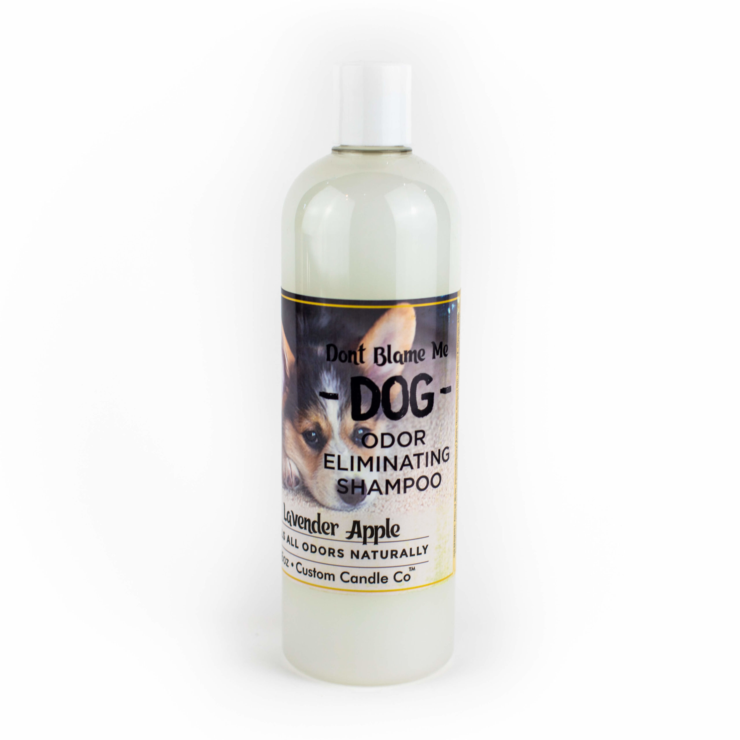 A bottle of Dog Shampoo - Lavender Apple 16oz on a white background.