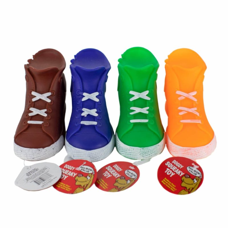 Four different colored Squeaky High-Top Chewy Toy (brown, purple, green and orange) with a sticker on them facing forward.