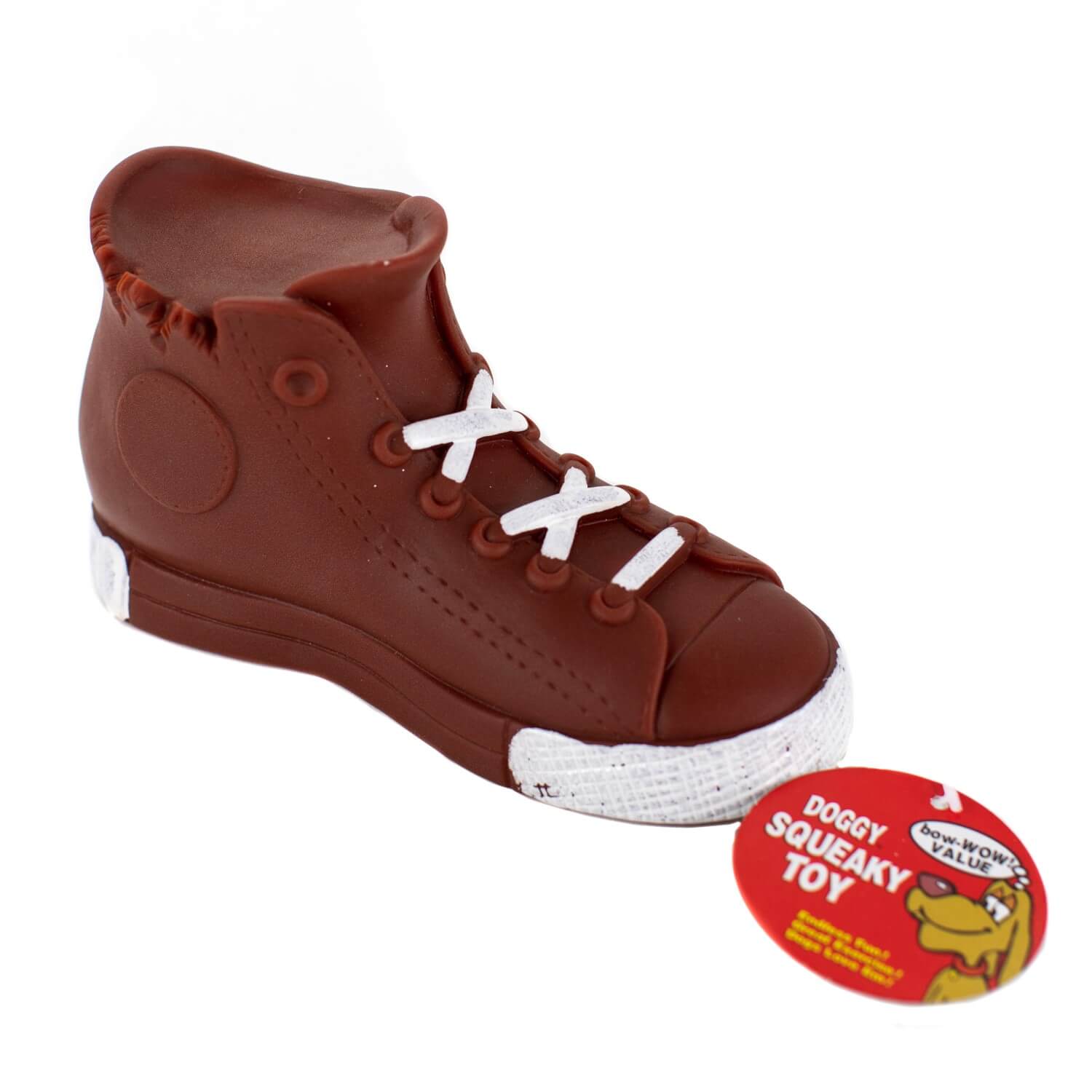 A brown Squeaky High-Top Chewy Toy with white laces and a tag. The toe is pointing towards the right which gives you a side view of the circle at the heel of the sneaker.