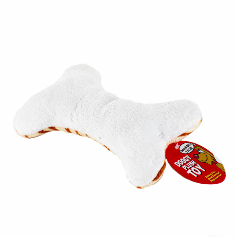 A Patterned Plush Dog Bone with the white side facing up and a tag on it