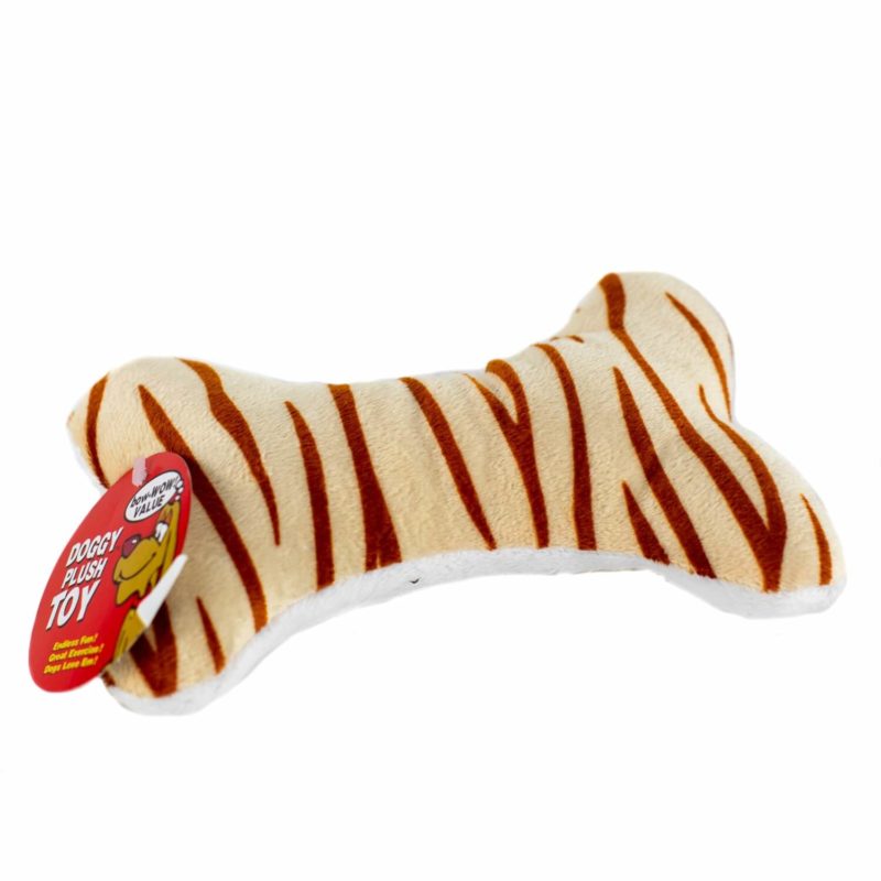 A tiger striped Patterned Plush Dog Bone with a tag.