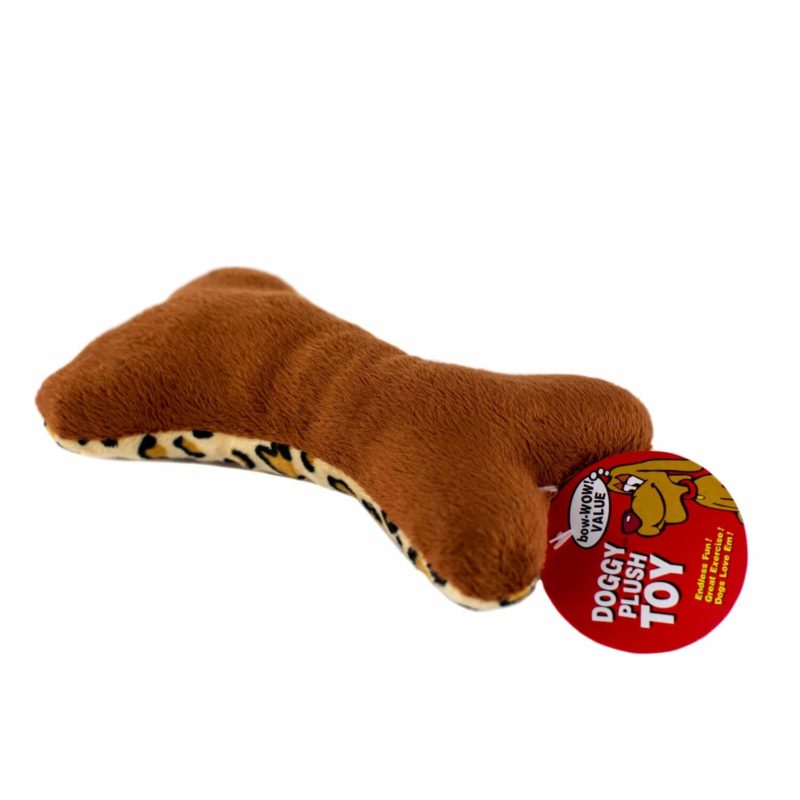 A brown Patterned Plush Dog Bone with a tag on it, brown side facing upwards.