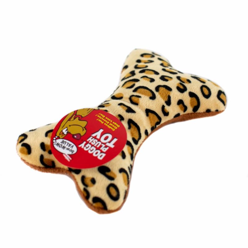 A Patterned Plush Dog Bone with a tag on it.
