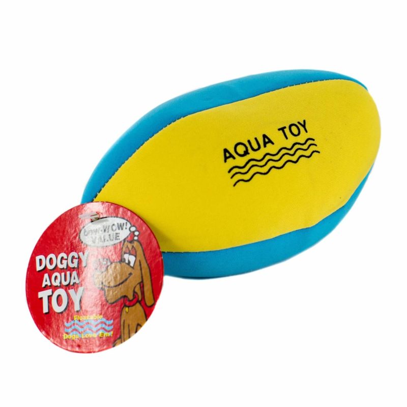 A blue and yellow Floating Water Football With Squeaker with the word aqua toy on it.