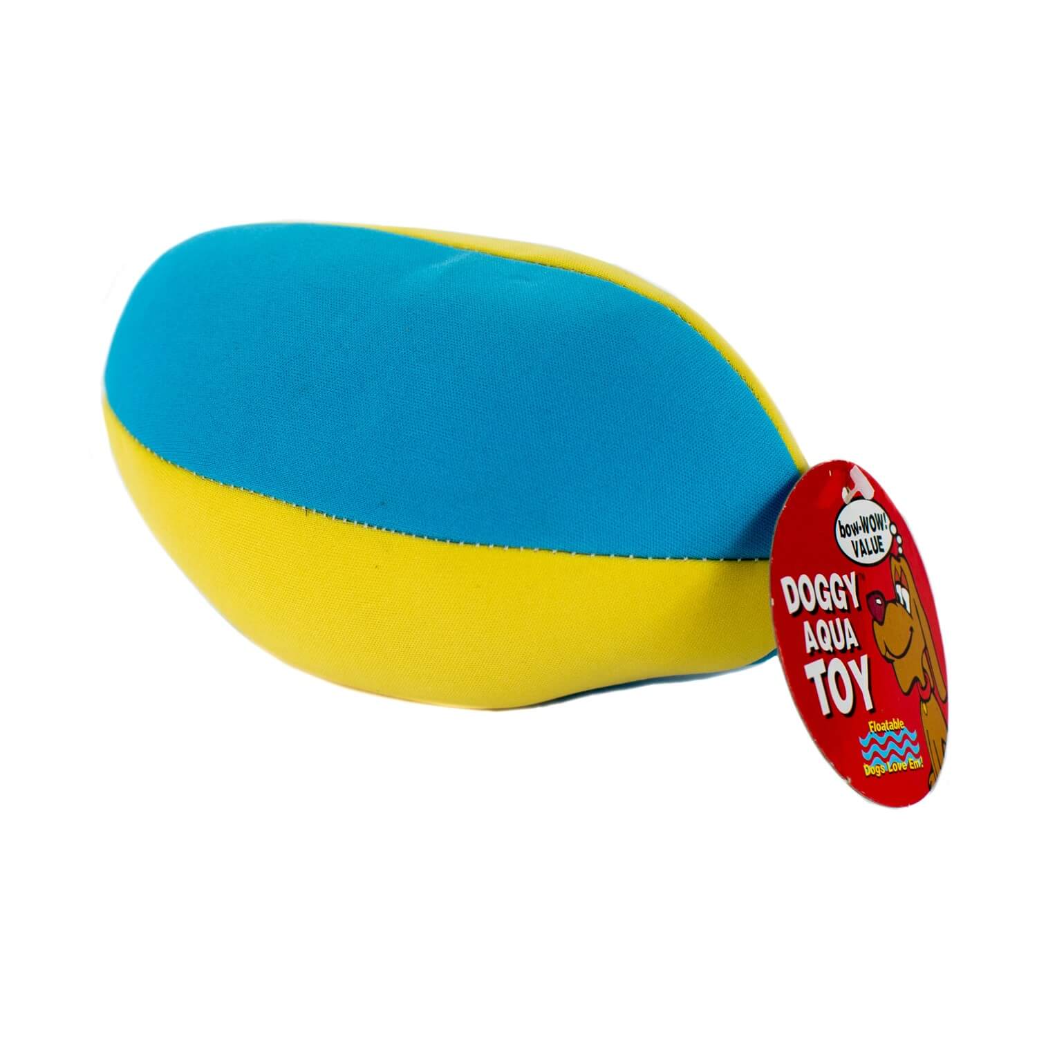 A blue and yellow Floating Water Football With Squeaker with a tag on it.