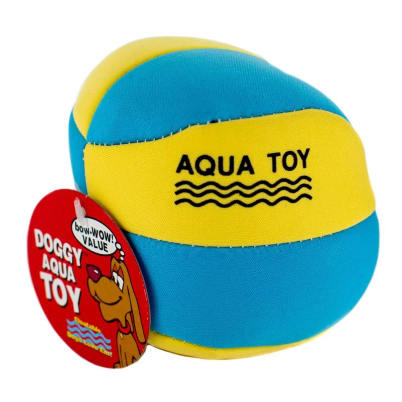 A blue and yellow Floating Water Ball with Squeaker with the word aqua toy on it.