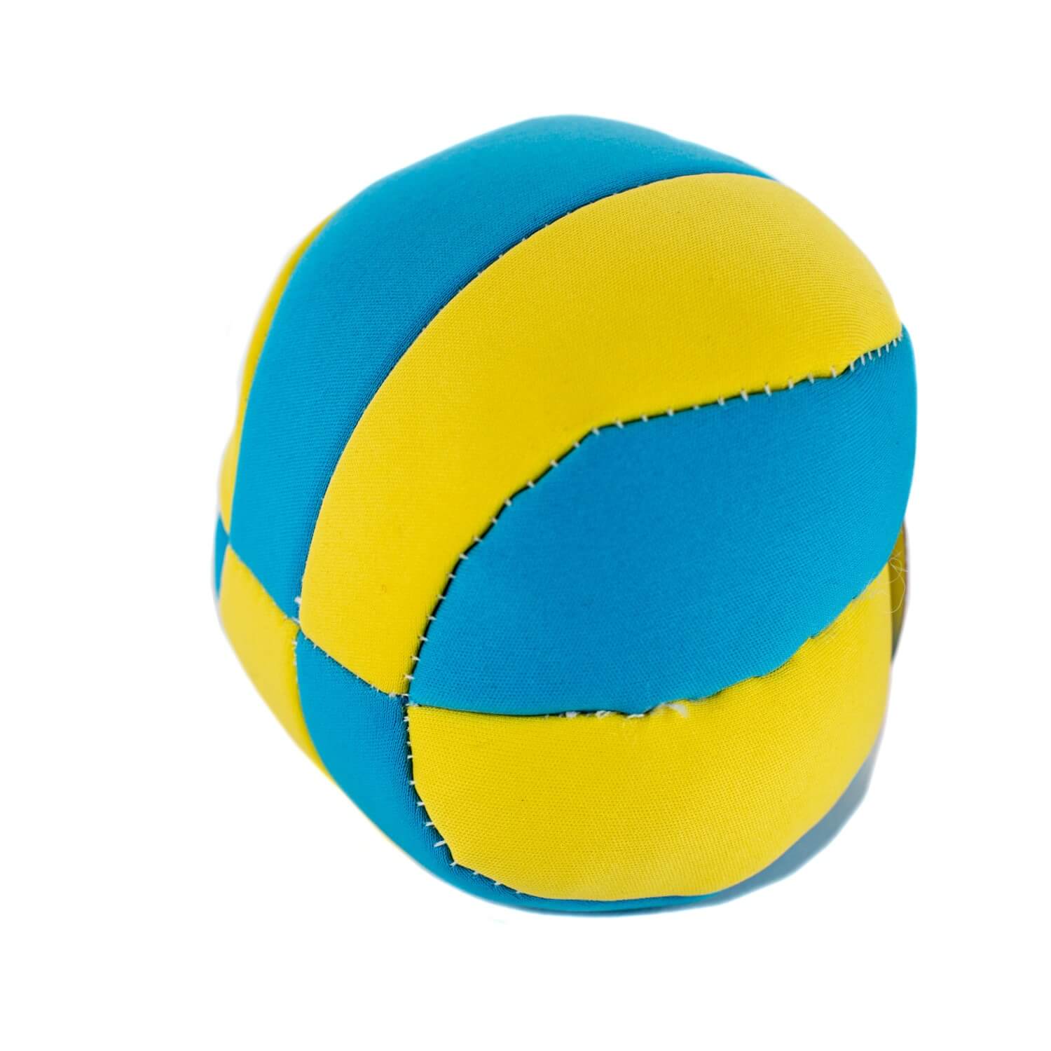 A blue and yellow Floating Water Ball with Squeaker on a white background.