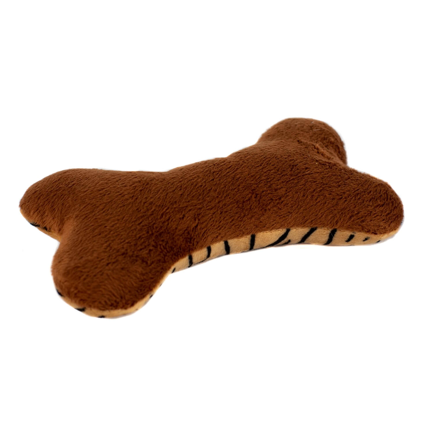 A Tiger Patterned Plush Dog Bone shaped stuffed toy with the brown side facing upwards.