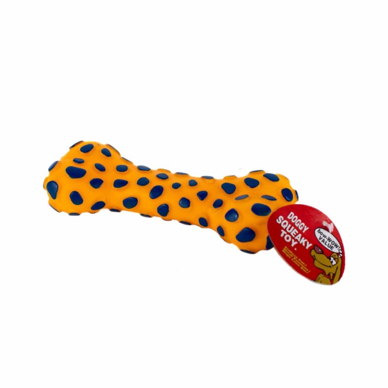 A Squeaky/Chewy Bone Toy with blue and orange polka dots.