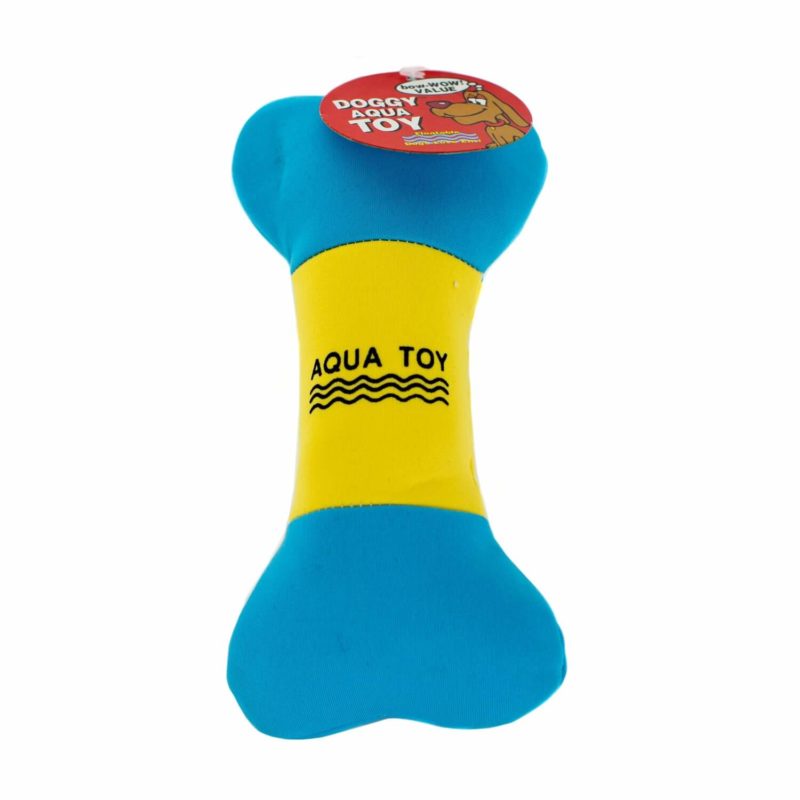 A blue and yellow Floating Water Bone With Squeaker with the word 'aqua toy' on it.
