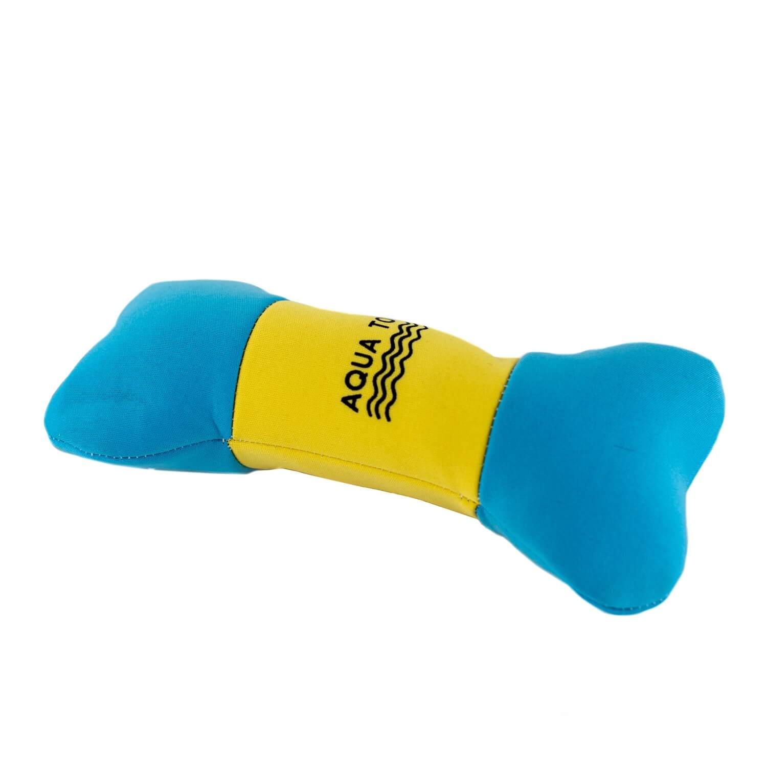 A blue and yellow Floating Water Bone With Squeaker shaped pillow.