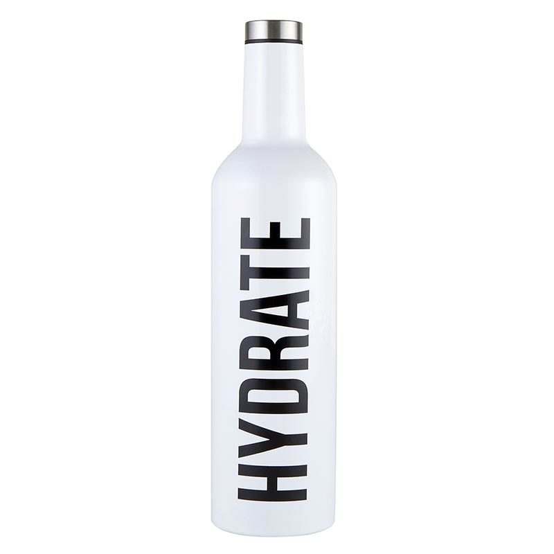 A Wine Bottle Flask, with the word "Hydrate" on it.