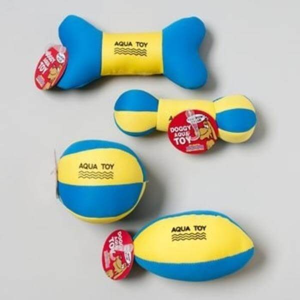 A blue and yellow Pool Water Squeaky Dog Toy with a ball and bone.