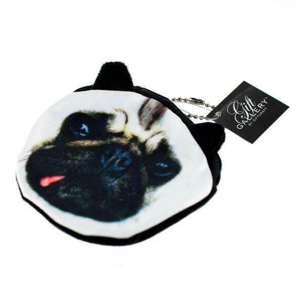 A Zippered Puppy Clutch with a pug face on it.
