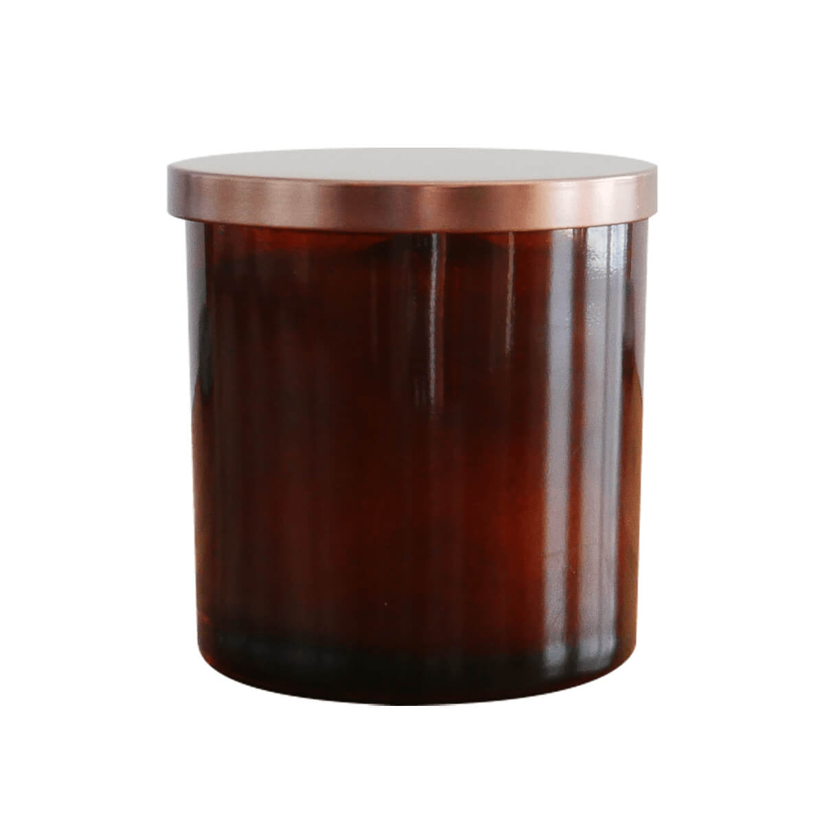 An Amber Glass Tumbler Photo Candle with a copper lid.