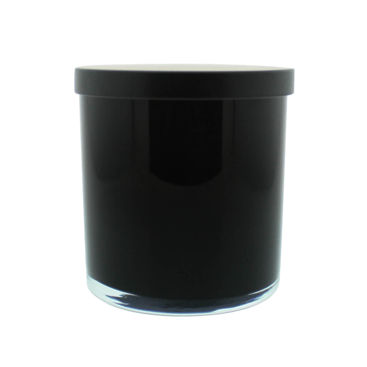 A Black Glass Tumbler Photo Candle with a lid on a white background.