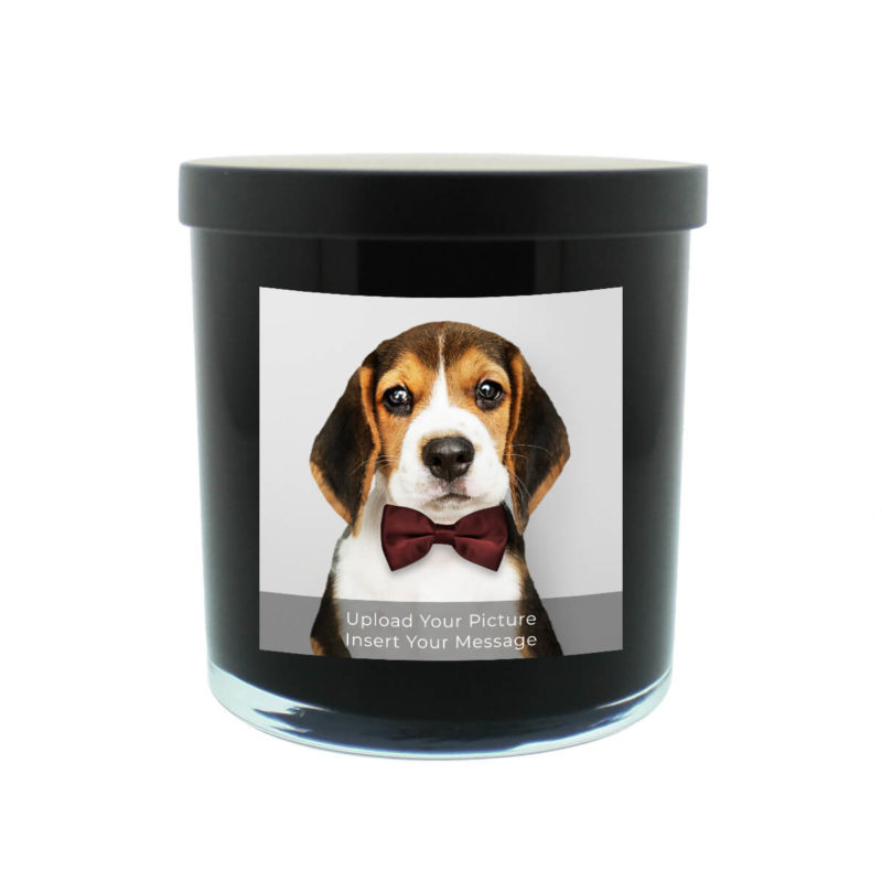 A Black Glass Tumbler Photo Candle with a beagle wearing a bow tie.