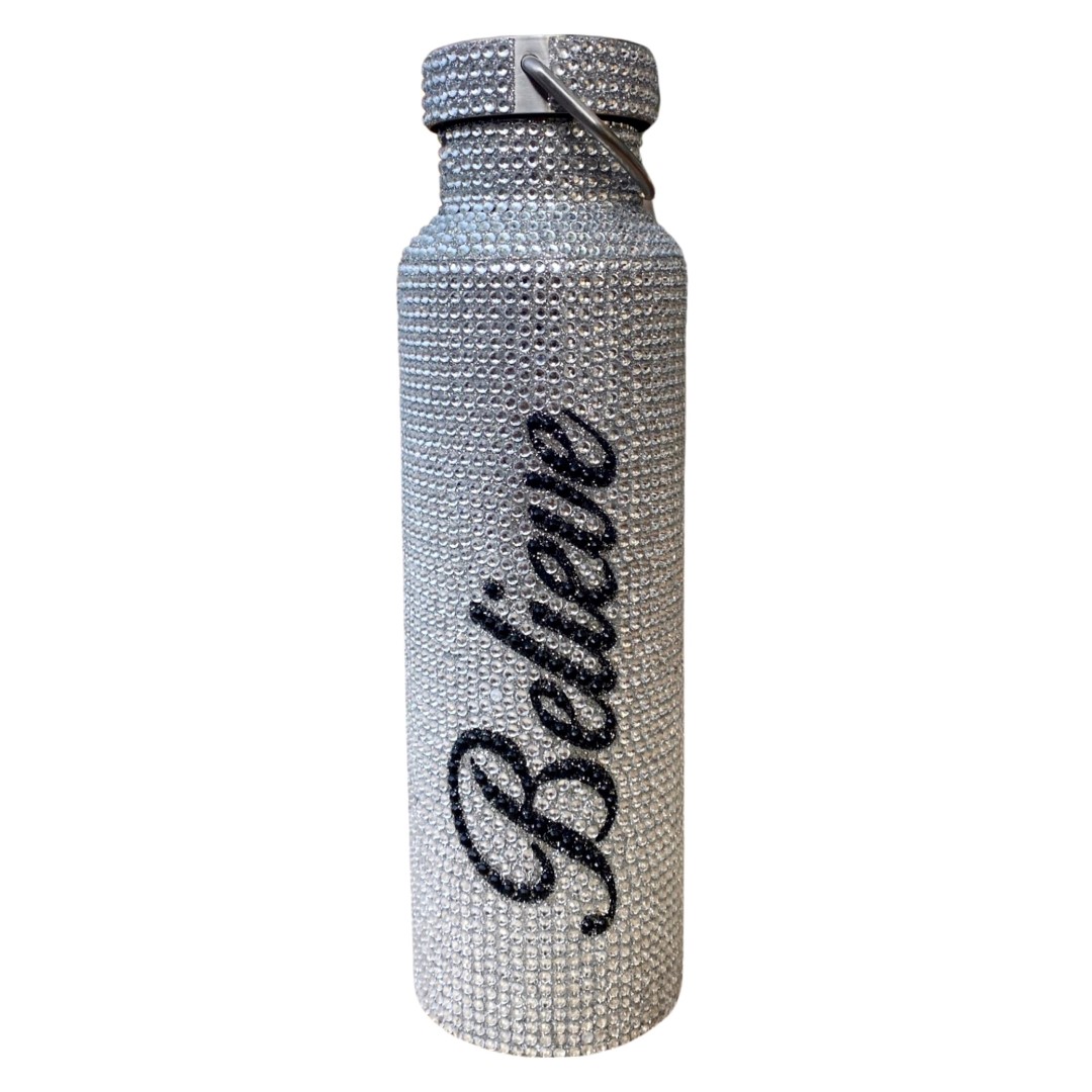 A Stylish Customized Silver Rhinestone Refillable Reusable Stainless Steel Water Bottle – Believe