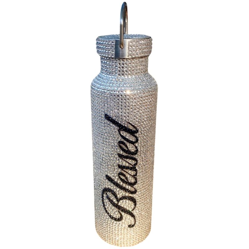 A Stylish Customized Silver Rhinestone Refillable Reusable Stainless Steel Water Bottle - "Blessed"