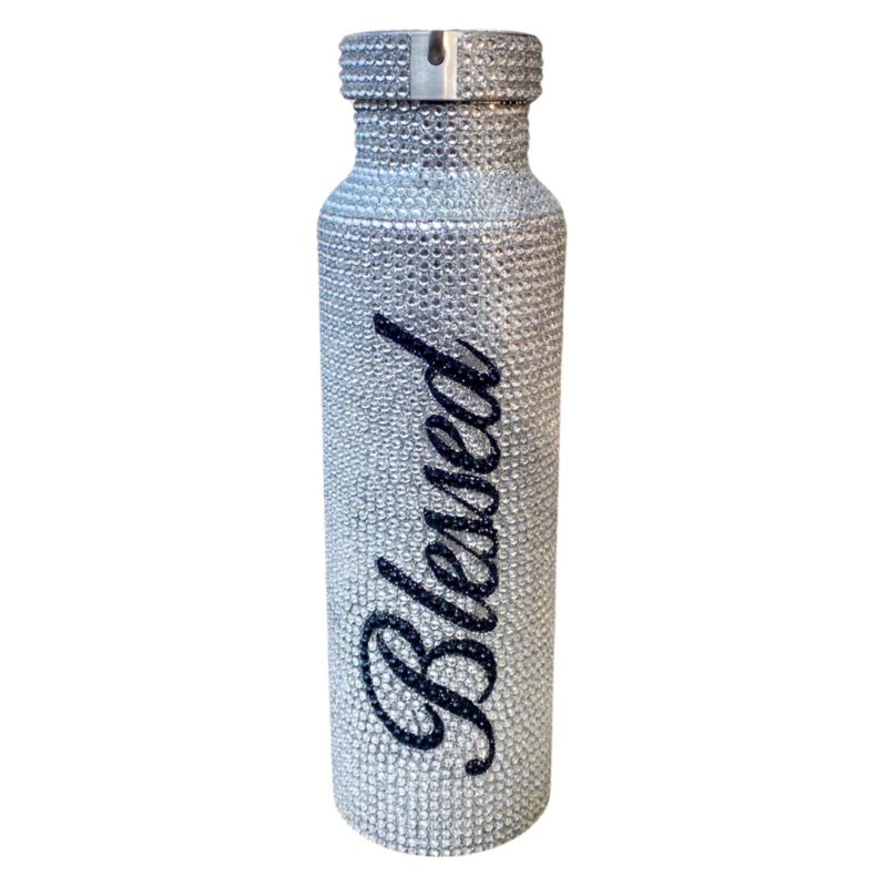 A silver Stylish Customized Rhinestone Refillable Reusable Stainless Steel water bottle with the word "Blessed" on it.
