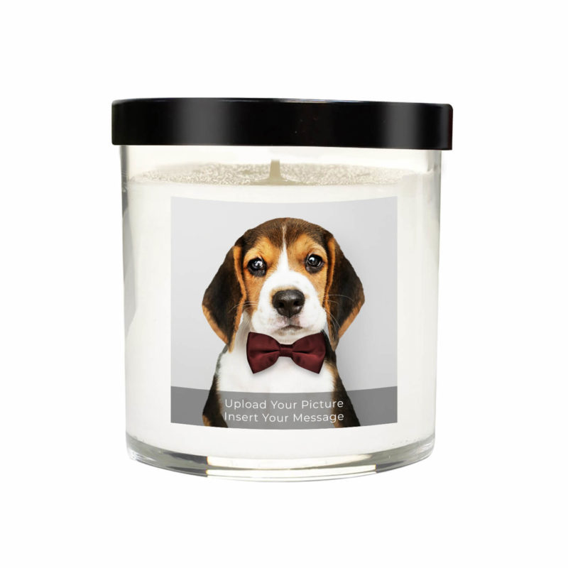 A beagle dog with a bow tie in a Clear Glass Tumbler Photo Candle.