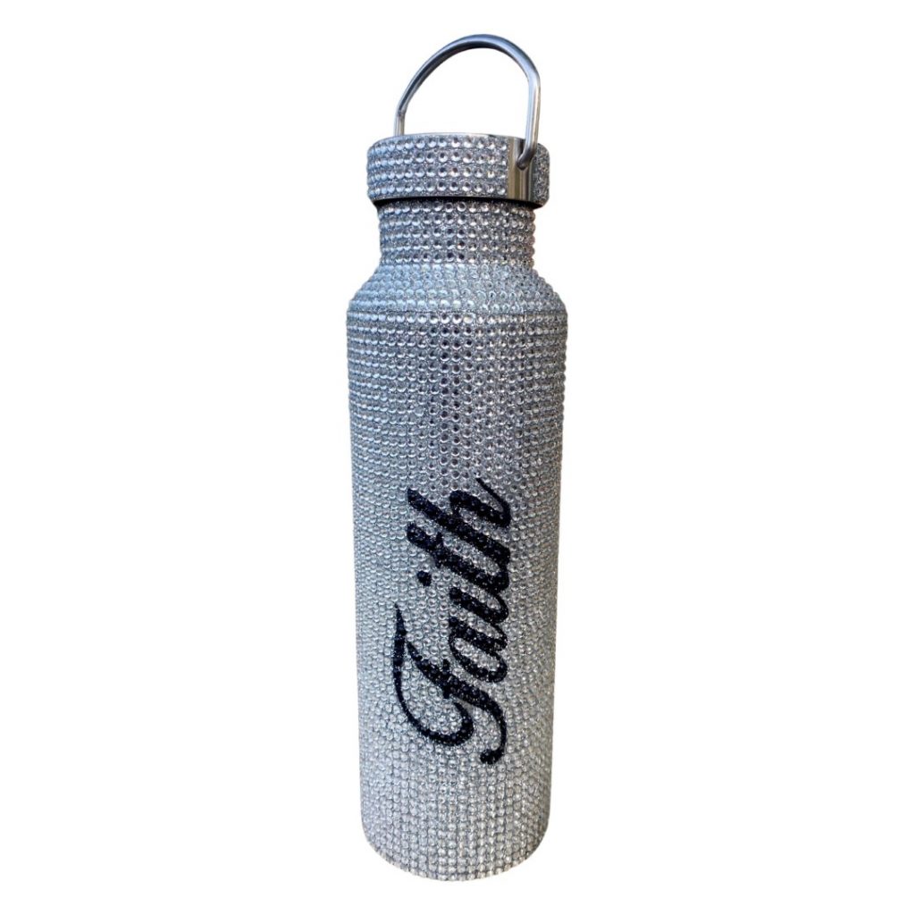 A Stylish Customized Rhinestone Refillable Reusable Stainless Steel Water Bottle - Faith is etched in black across the bottle