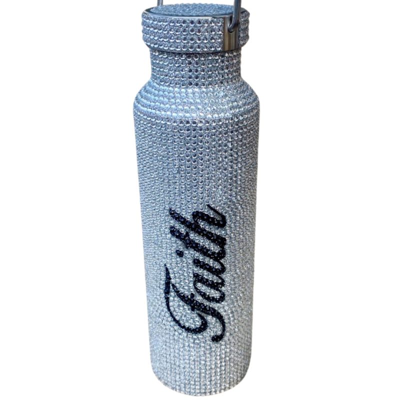 A Stylish Customized Silver Rhinestone Refillable Reusable Stainless Steel Water Bottle – with the word Faith on it.