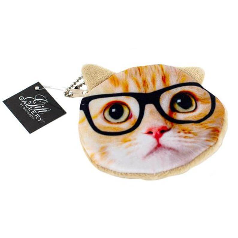 A Zippered Kitty Clutch with a yellow tabby wearing glasses and a key chain.