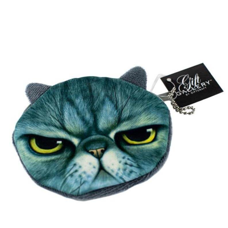 A Zippered Kitty Clutch with a grumpy cat face on it.