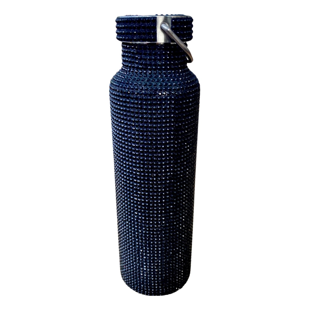 A Stylish Rhinestone Refillable Reusable Stainless Steel Water Bottle - Black with a silver handle.
