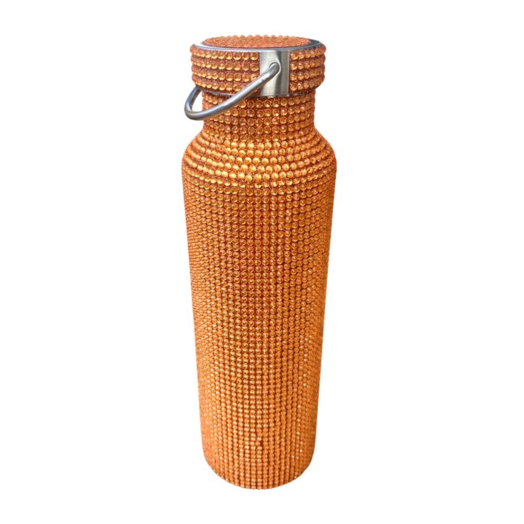 A gold Stylish Rhinestone Refillable Reusable Stainless Steel Water Bottle with a handle.