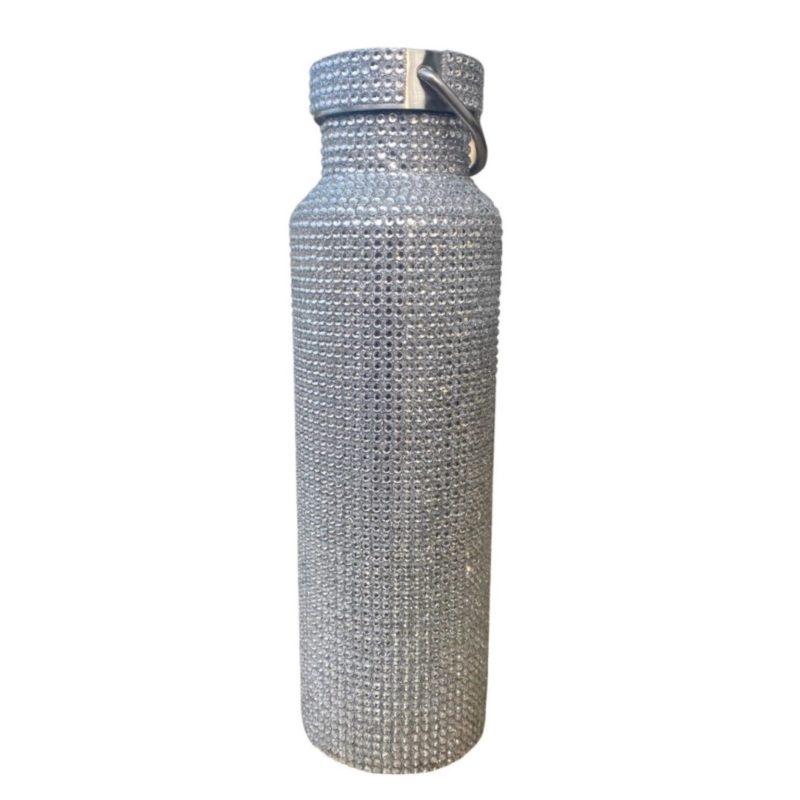 A Stylish Rhinestone Refillable Reusable Stainless Steel Water Bottle with Silver rhinestones.