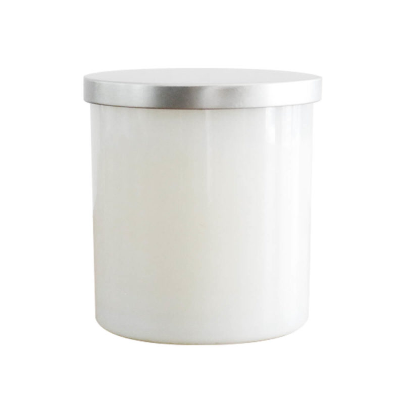 A White Glass Tumbler Photo Candle with a metal lid on a white background.