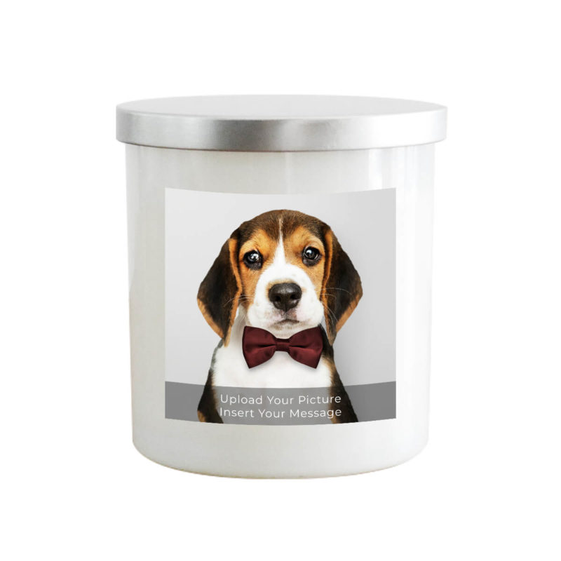 A White Glass Tumbler Photo Candle with a photo of a beagle wearing a bow tie.