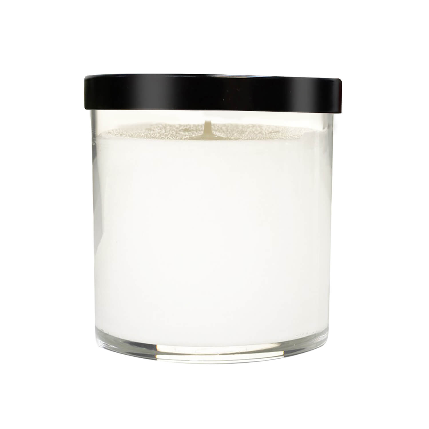A Clear Glass Tumbler Photo Candle with a black lid on a white background.
