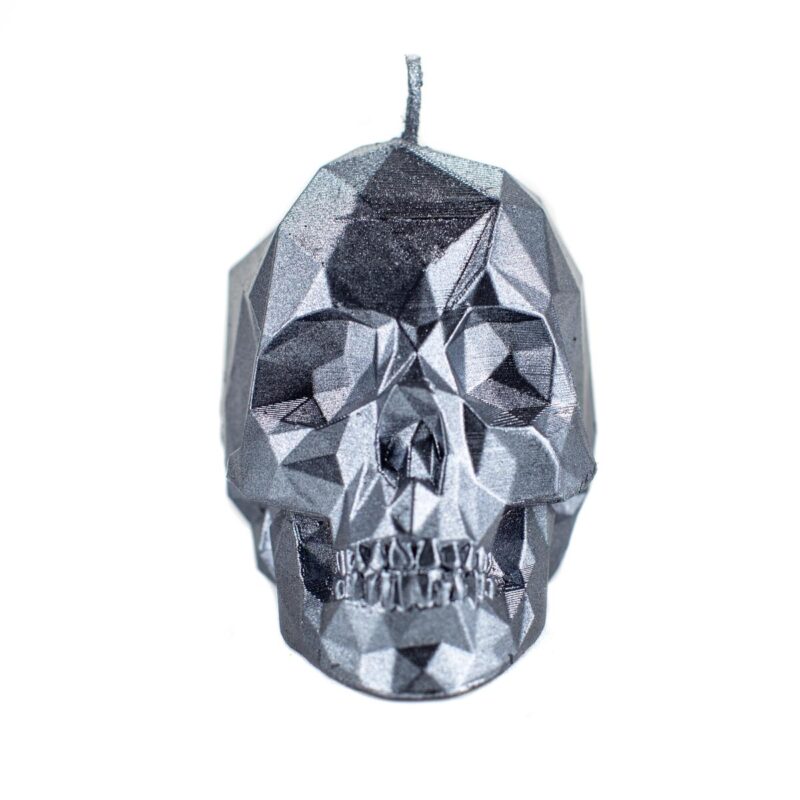 Gray Skull candle holder, white background.