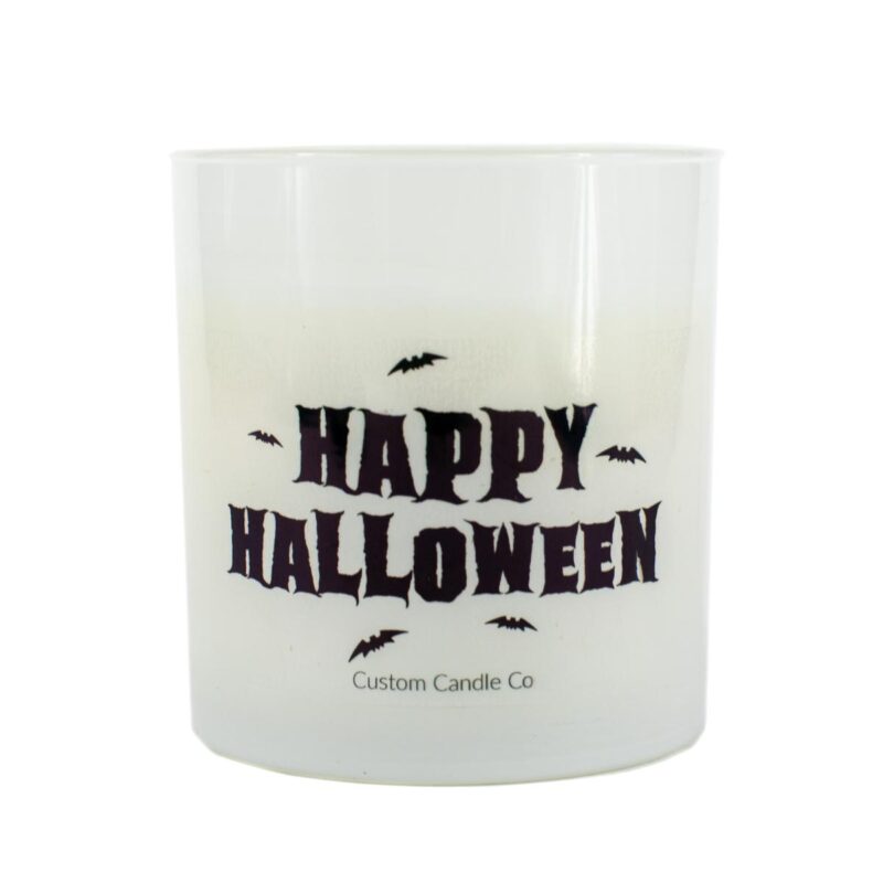 Candle in a white container with the words Happy Halloween